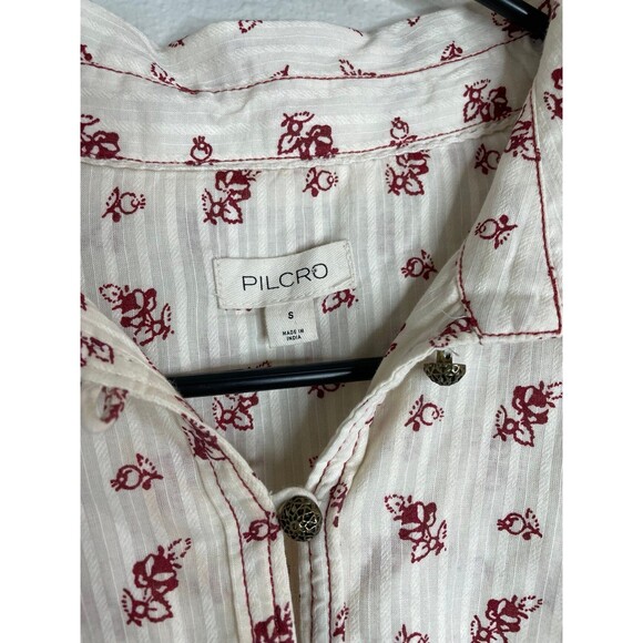 Pilcro Anthropologie Floral Boho Peasant Top S White Red Embroidered Border - Picture 2 of 7